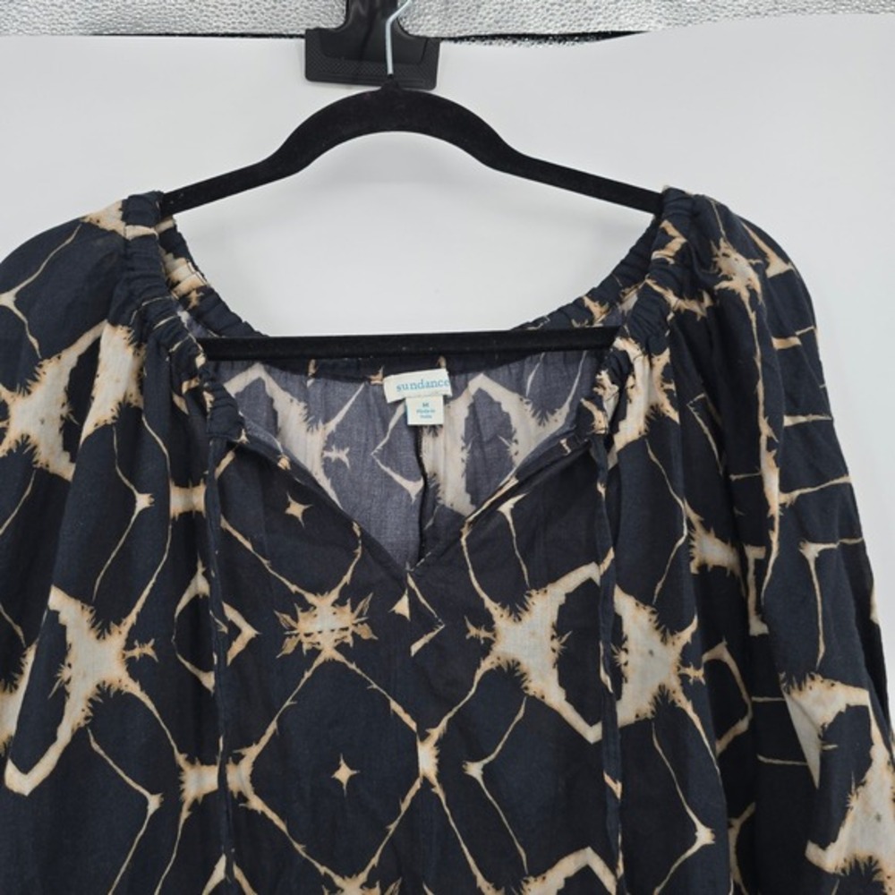 Sundance Womens Black Tan Geometric Tie Dye Cotton Tassel Peasant Blouse Medium - Picture 2 of 10